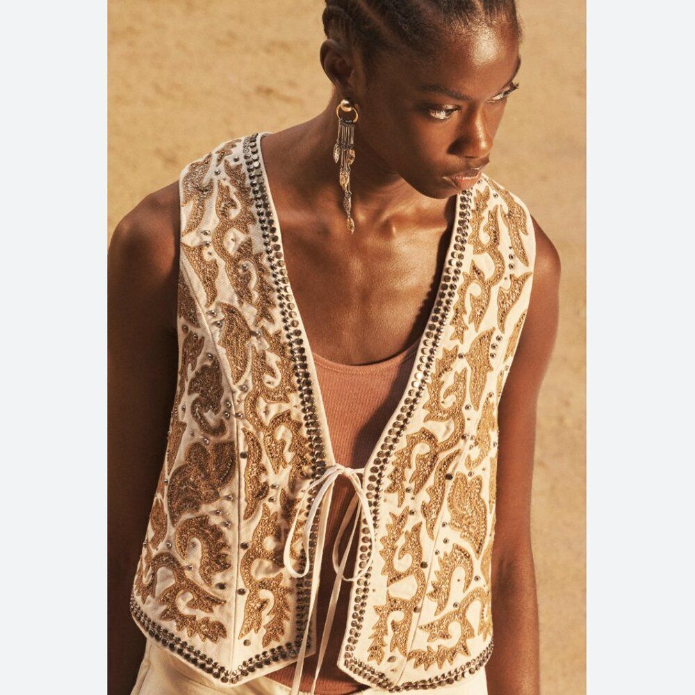 Zara Womens Vest Large S Ecru Embroidered Studded Limited Ed 7521/101 NWT